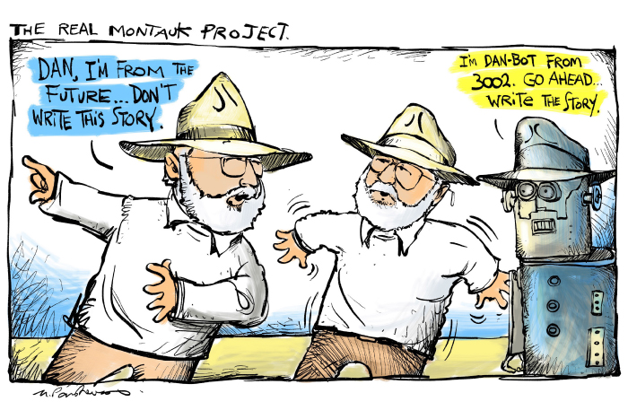 The Dark Files, Montauk Project, Camp Hero Dan Rattiner cartoon by Mickey Paraskevas