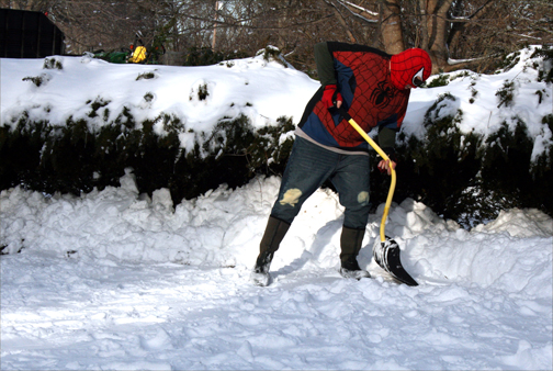 Spider-Man shoveling snow in Southampton