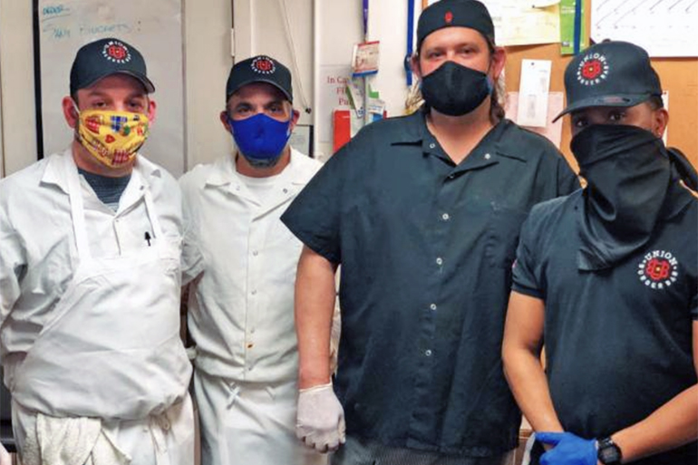 Union Burger Bar crew are ready to serve in masks