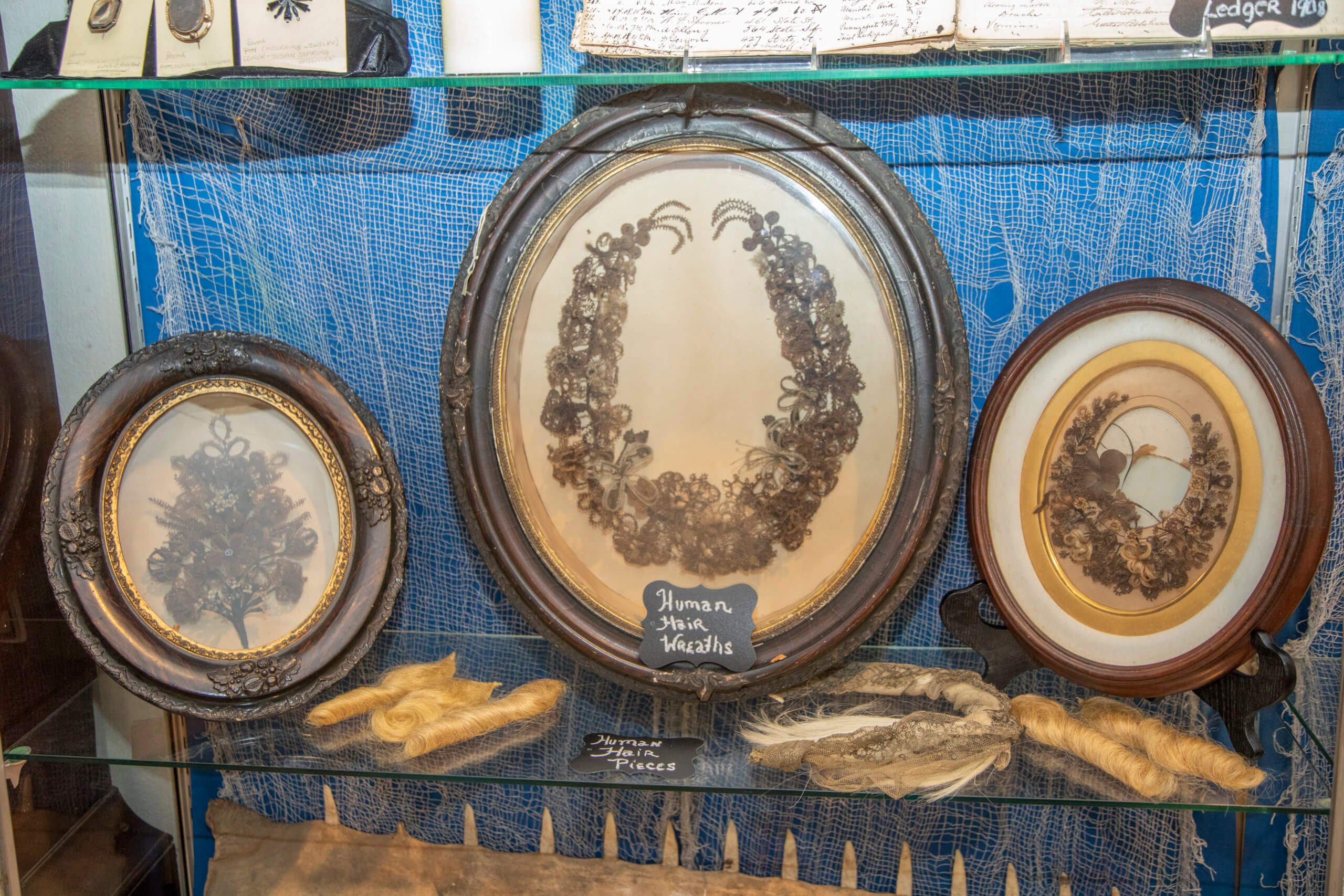 Wreaths of human hair on display at Suffolk County Historical Society Museum