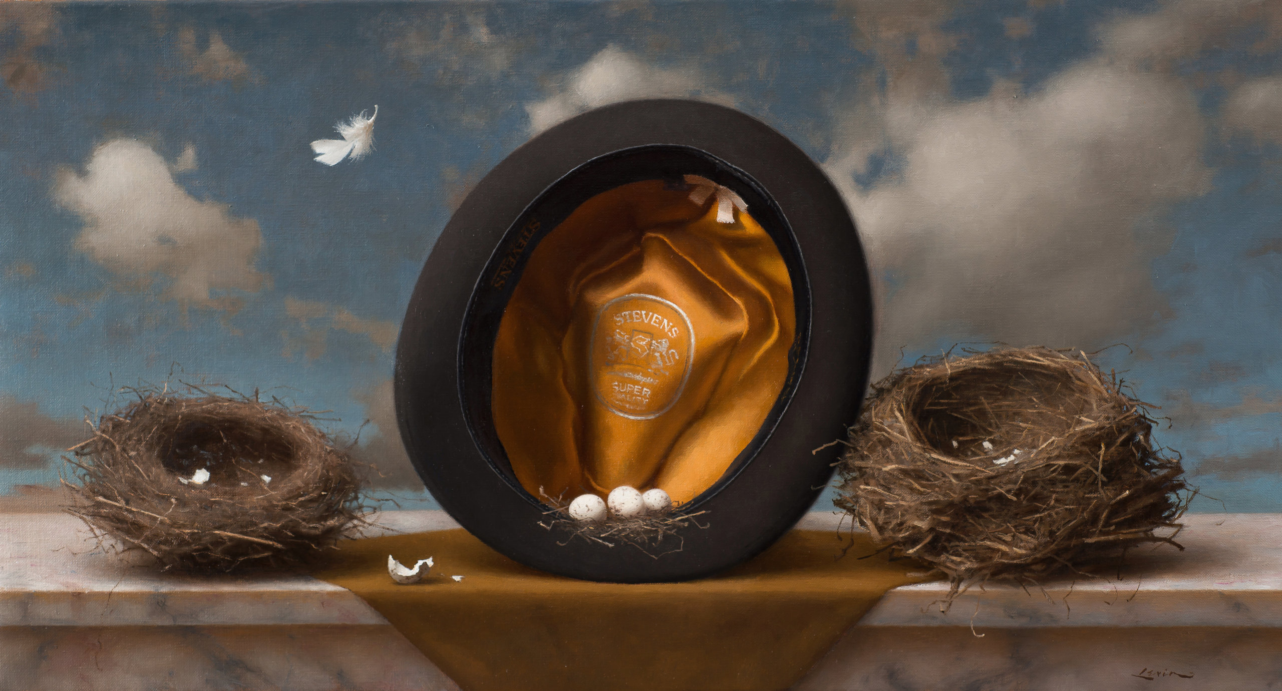 Steven J. Levin's "Hat and Bird’s Nest" (14 x 26, oil on canvas, 2014)