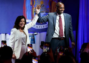 New York Gov. Kathy Hochul, who will face Zeldin in November, stands with Lieutenant governor Antonio Delgado during the primary election night party, Tuesday, June 28, 2022, in New York