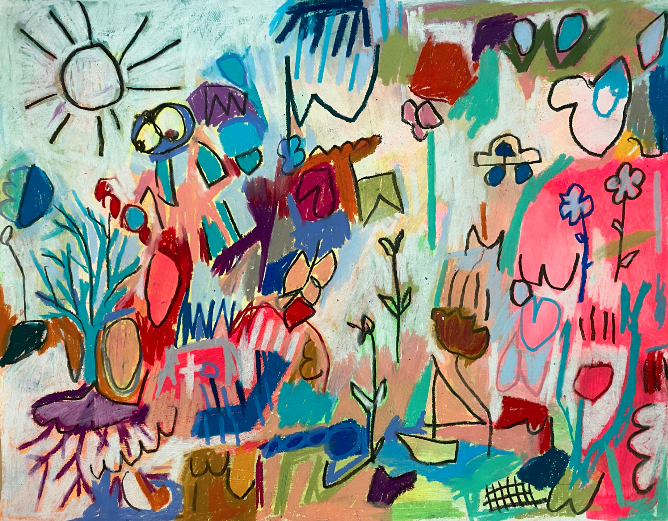 Blair Borthwick "Driving Off That Cliff," oil crayon, acrylic paint, pencil on paper, 11” x 14” on view at Matriark