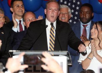 Rep. Lee Zeldin (R-Shirley) celebrates his win on June 28, 2022 becoming the Republican candidate for governor.