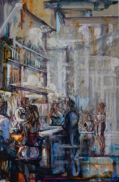 Stuart Yankell's "Interior Bistro in Silver and Gold" painting at the White Room Gallery in the Hamptons