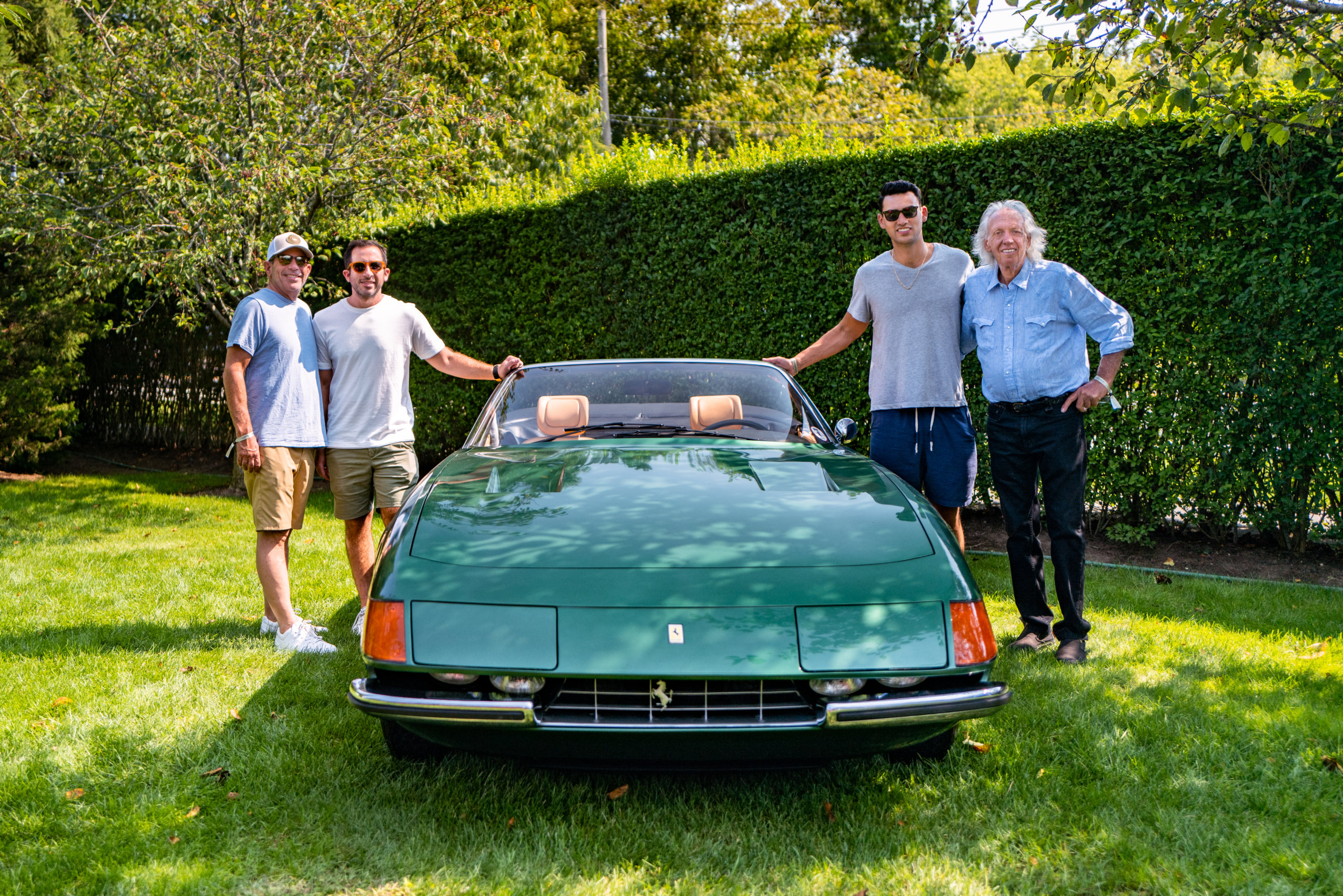 1972 Ferrari Daytona Spider with owner Michael Schudroff (right), Kyle Dennis, Jeff Cole, Jason Cole at Topping Rose House in Bridgehampton
