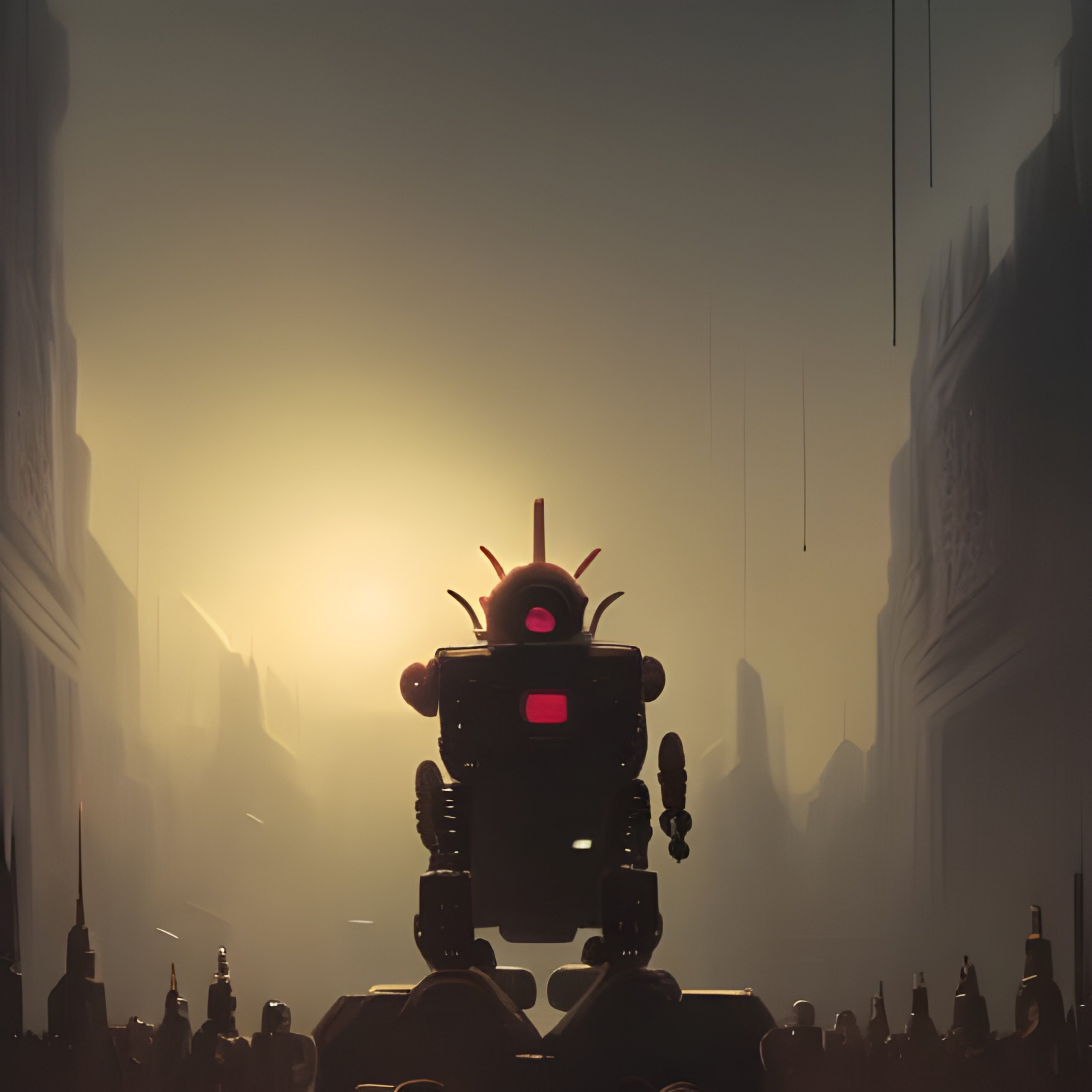 "Subjugated by Robots" AI artwork using the prompt "robot overlords punish subjugated humans in a world with no other life" on NightCafe Studio