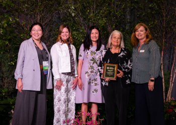 Mounts Botanical Garden received the Dorothy E. Hansell Marketing Award from the American Public Gardens Association at annual APGA conference in Fort Worth, Texas. (L-R: 2023 APGA Awards Committee Co-Chair Tracy Qiu, Mounts Associate Director of Marketing & Communications Misty Stoller, Mounts Curator-Director Rochelle Wolberg, Mounts Board Member and Past President Paton White, APGA President Michelle Provaznik.