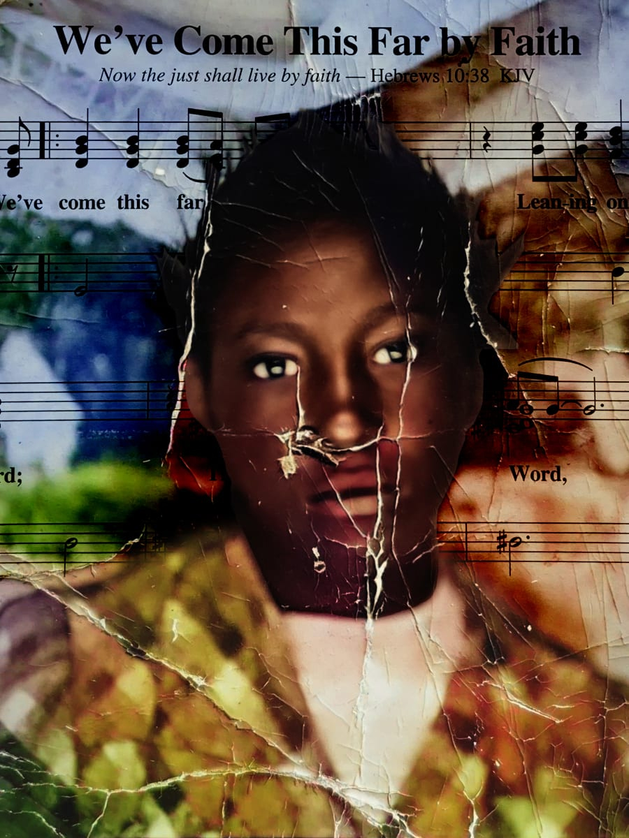 "We've Come This Far by Faith," collage by Demarcus McGaughey on view Juneteenth