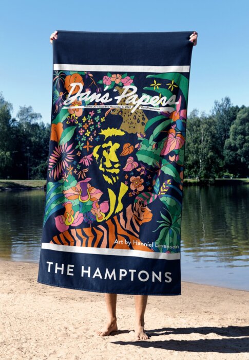 Dan's Papers beach towel featuring Hanniel Levenson's "Felines and Flowers" cover art