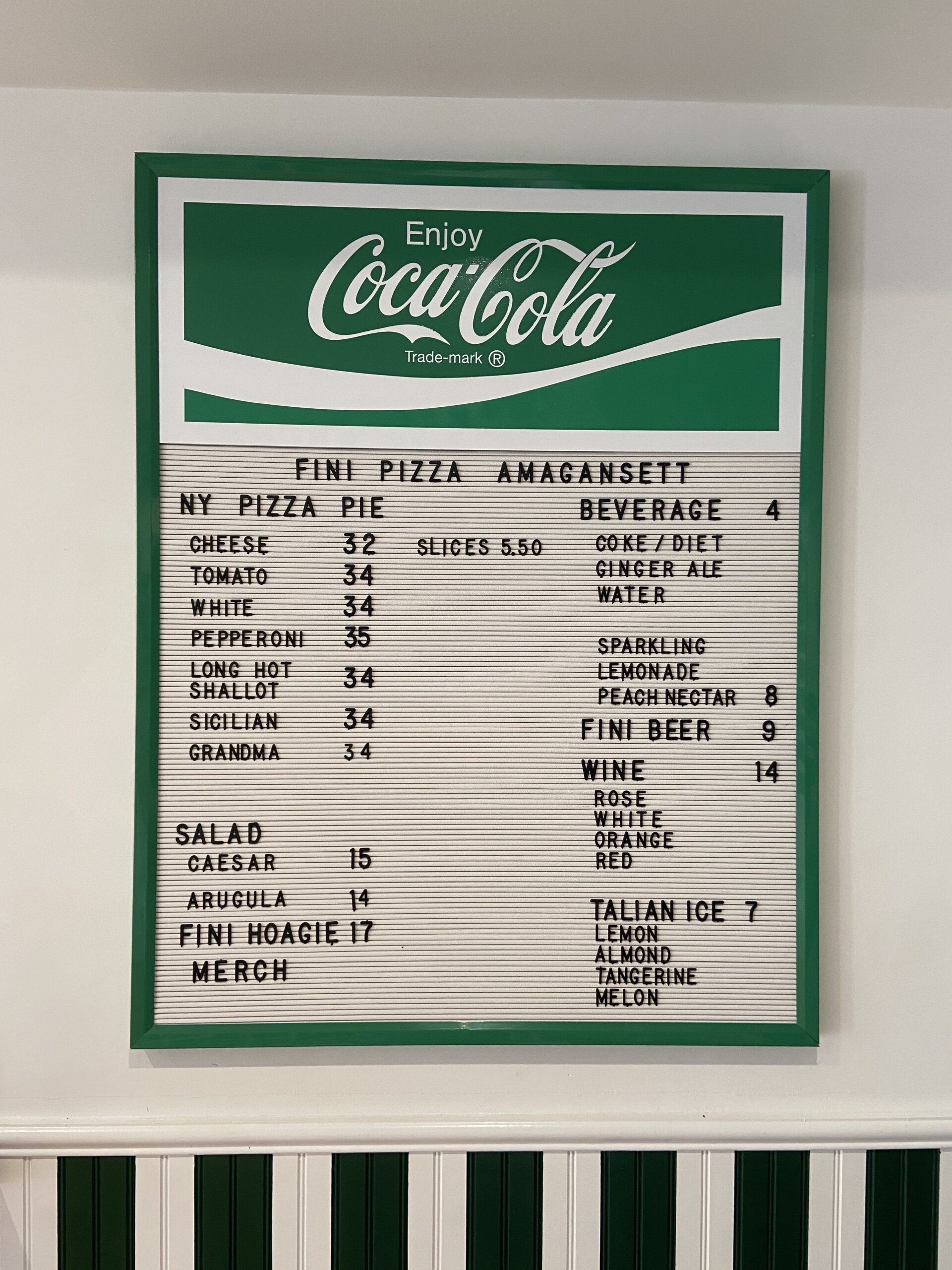 The old-school menu at Fini Pizza
