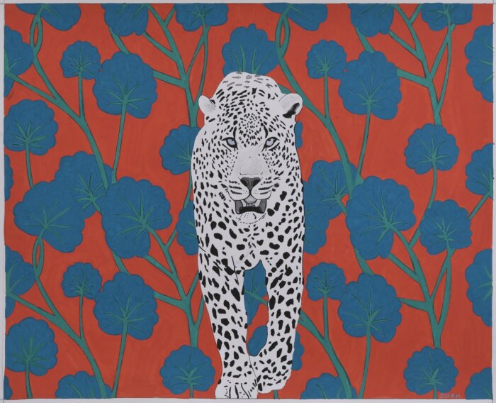 Hanniel Levenson's "Snow Leopard" (2023, oil and acrylic on paper, 24" x 36")