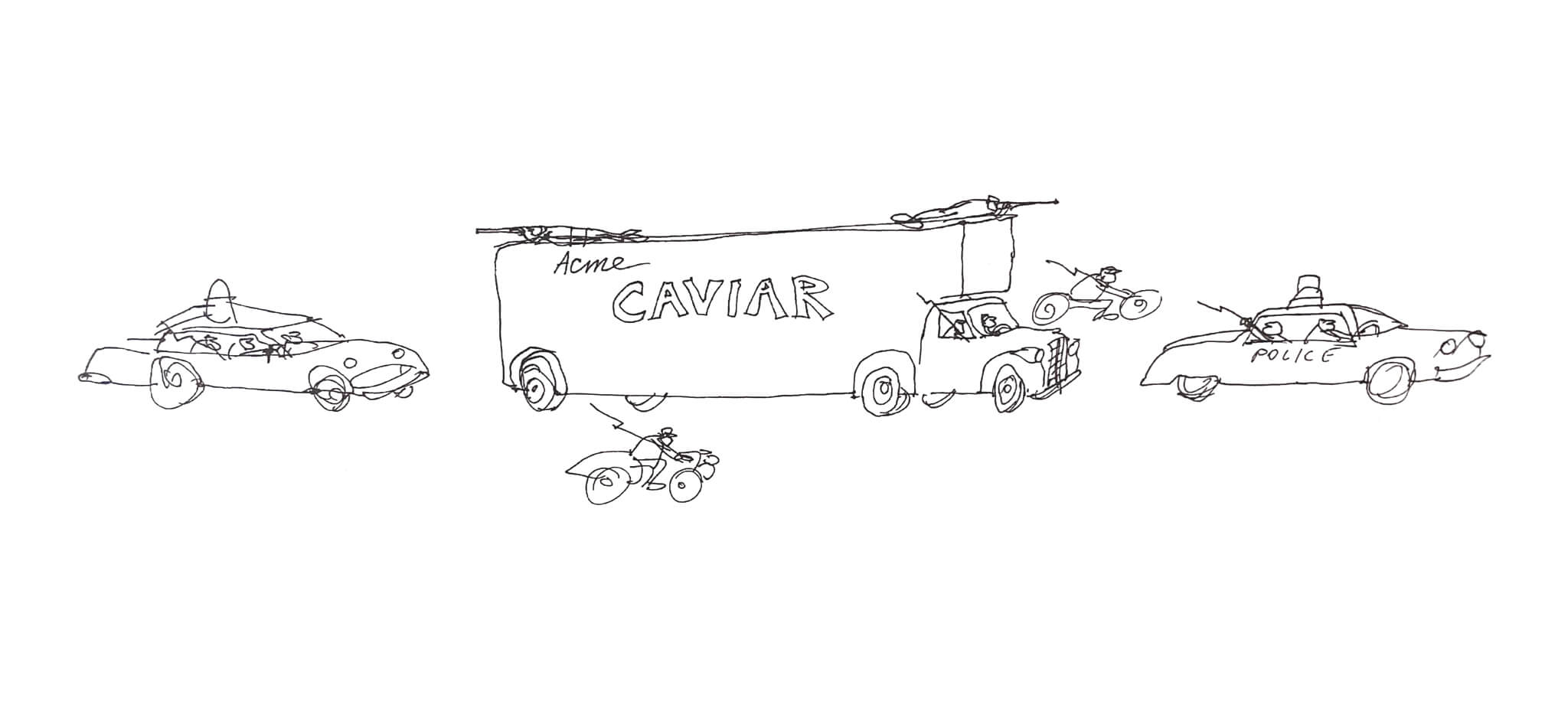 Cartoon by Dan Rattiner for Florida's Natural orange juice and caviar