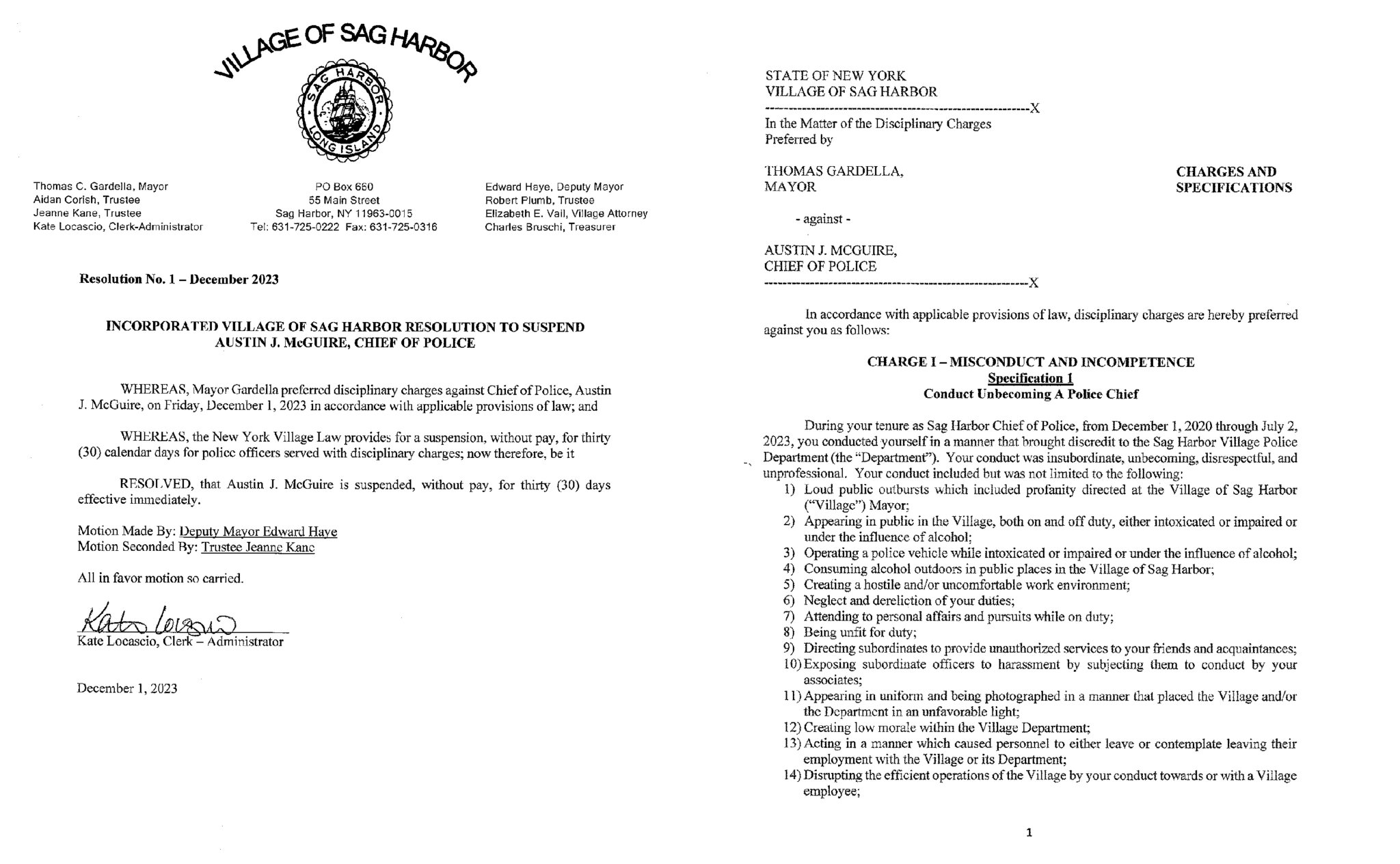 Sag Harbor Village filed charges against Police Chief Austin J. McGuire on Friday