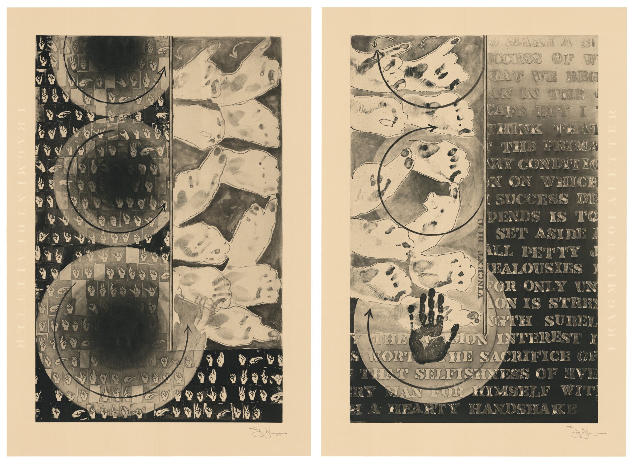 Jasper Johns (American, b. 1930) Plates prepared and proofed by Master Printer John Lund, Low Road Studio, Sharon, CT Editioned by Master Printers Brian Berry and Bill Goldston, Universal Limited Art Editions, Bay Shore, NY Fragment of a Letter, 2010 2 Intaglio prints on Echizen Torinko handmade paper RTP from an Edition of 80 + 12 A.P. 44 7/8 x 30 ½ in. Universal Limited Art Editions © 2023 Jasper Johns and ULAE / Licensed by VAGA at Artists Rights Society (ARS), NY, Published by Universal Limited Art Editions on view at The Church in Sag Harbor Master Impressions printmaking show