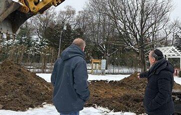 Rabbie Marc Schneier and General Contractor Rhett Fogg review the construction. Hampton Synagogue