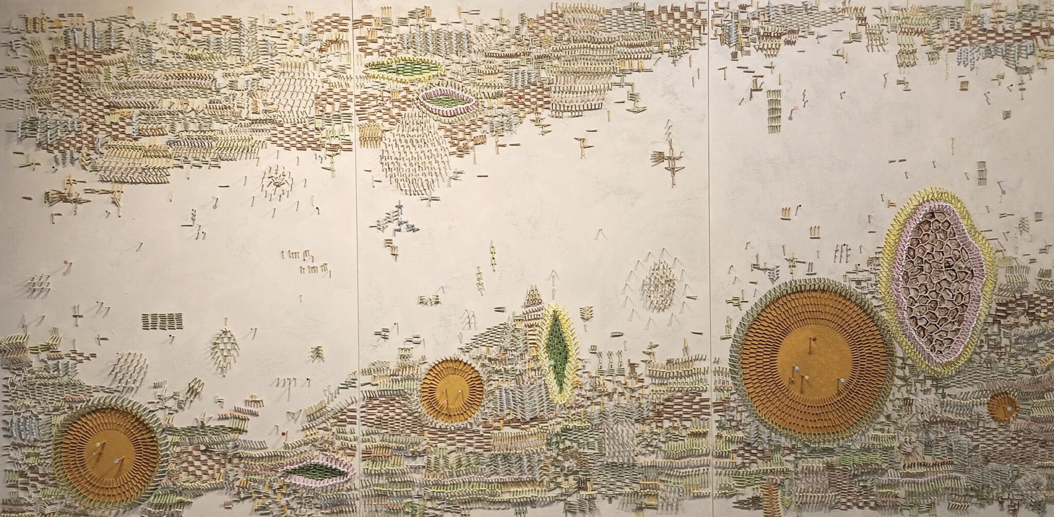 Darlene Charneco, "InterField Communication (SeedMemory)" 2023. Mixed-media. 48 × 96 inches. Image Courtesy of the Artist