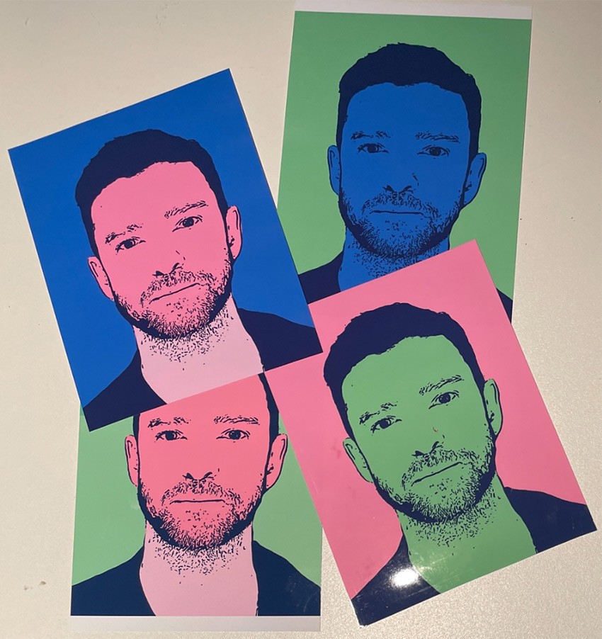 All four color ways of "Tuesday Night Out" by Robert Lohman featuring Justin Timberlake's mugshot at Romany Kramoris Gallery