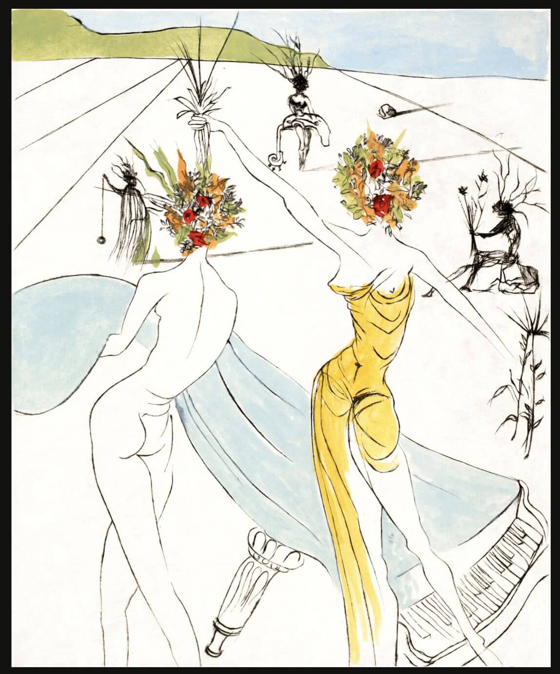 Salvador Dalí (B. 1904 - 1989) Flower Women with Soft Piano, 1969-1970 Hand Colored Copper Etching on Japon 25 x 20 inches