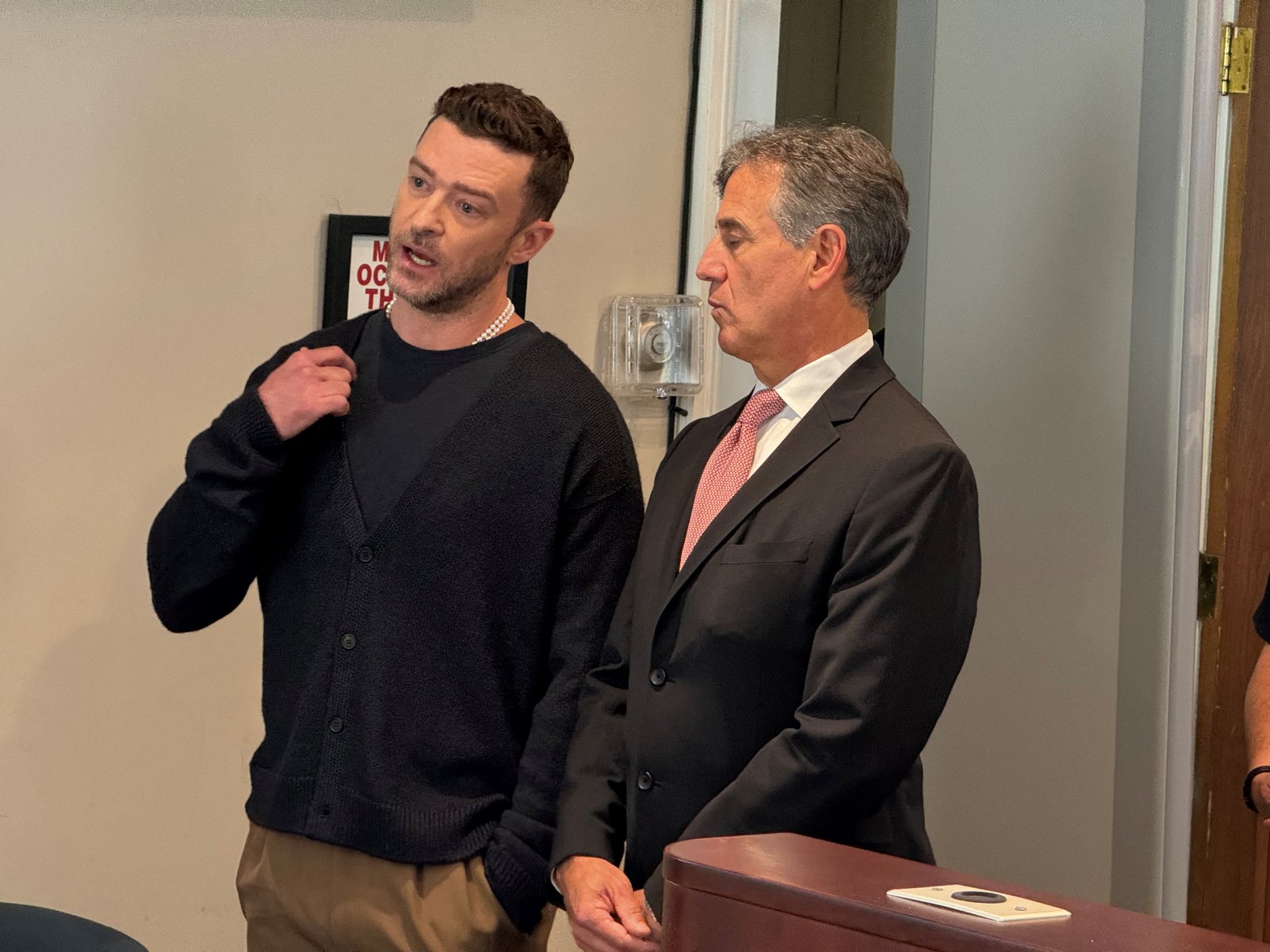 Singer Justin Timberlake appears with his lawyer Edward Burke at a hearing related to a DWI arrest in the Sag Harbor Village Court in Sag Harbor, New York, U.S., September 13, 2024. T E McMorrow/Pool via REUTERS