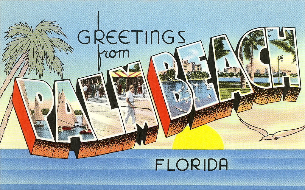 Vintage illustration of Greetings from Palm Beach, Florida large letter vintage postcard, 1930s.