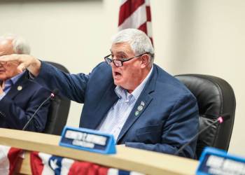 Riverhead Town Supervisor Tim Hubbard during a public hearing focusing on easing zoning restrictions that would allow more pot dispensaries to open in the Town of Riverhead, held at Riverhead Town Hall, February 21, 2024