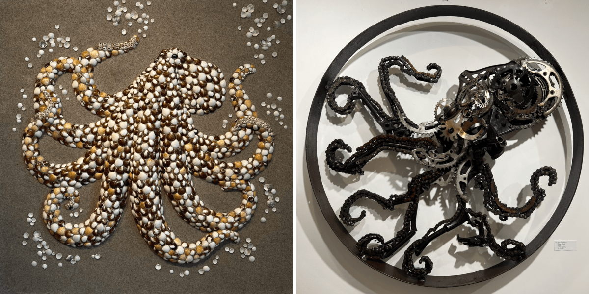 Anna Chan's "Mimic" made from sand, sea shells and barnacles (left), Izlin Weinberg's "Moto-octo" made from salvaged motorcycle parts (right) 